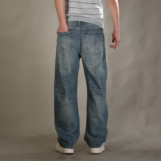 DRONKOO 2026 半松紧腰右侧棕标表袋吊烂复古洗水中厚牛仔长裤 商品图4