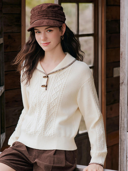 【百图lulu定制】【牛角扣针织衫】百图 撞色锁边   翻领牛角扣毛衣 商品图1