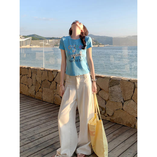 <曾小咸推荐>韩系印花短袖t恤女蓝色上衣 商品图1