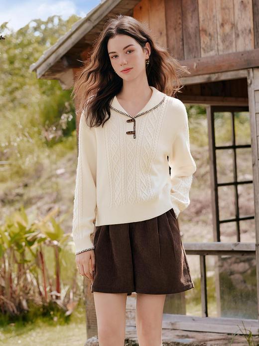 【百图lulu定制】【牛角扣针织衫】百图 撞色锁边   翻领牛角扣毛衣 商品图3