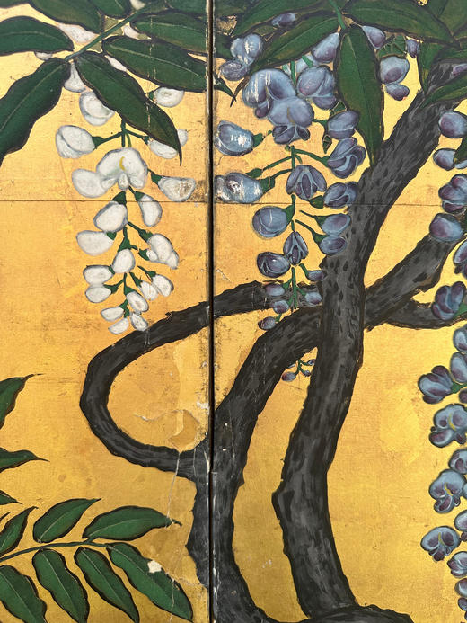 独角鹿西洋古董18世纪日本江户时代出品「金影藤辉」主题金地纸本设色六曲屏风 商品图7