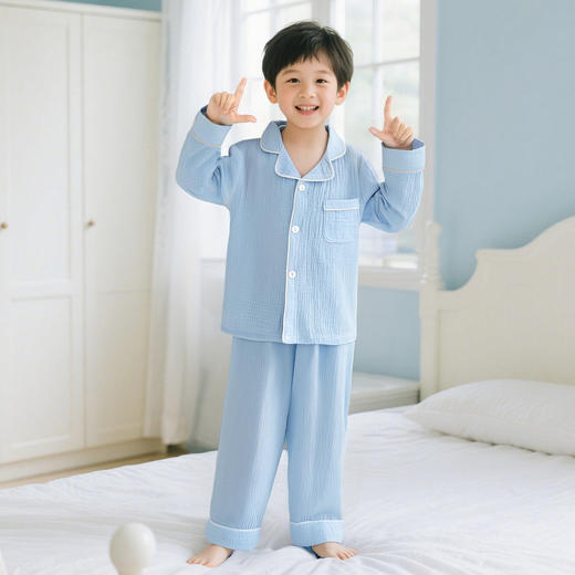 【49.9元/件起】儿童春季双层棉纱布家居服透气男童女童印花纯色 商品图6