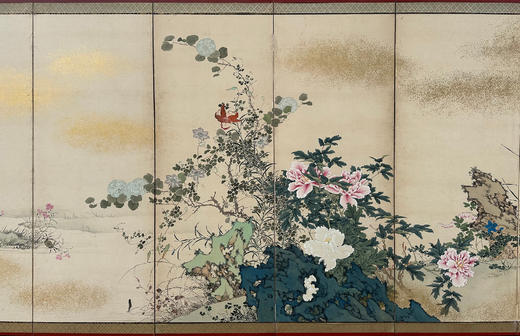独角鹿西洋古董20世纪日本昭和时代艺术家签名出品「锦绣芳华」主题纸本设色六曲屏风 商品图2