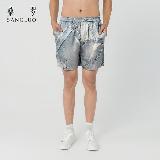 颠覆丹宁』桑罗复古牛仔印花短裤桑蚕丝男女同穿2026新款 商品图1