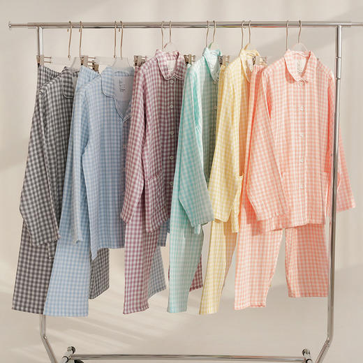 官网340+ MJ日系无印糖果色水洗双层纱情侣款睡衣裤无侧缝棉质长袖长裤家居服男士 商品图7