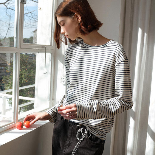 714street原生棉籽壳条纹长袖 2026春季合身正肩圆领T恤男女同款 商品图1