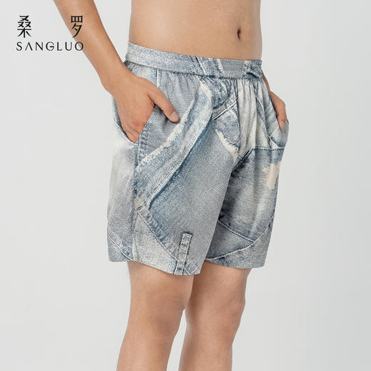 颠覆丹宁』桑罗复古牛仔印花短裤桑蚕丝男女同穿2026新款 商品图0