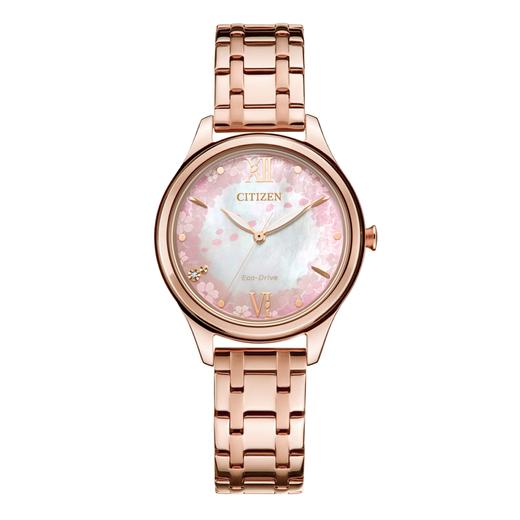 西铁城官方日本正品光动能涟漪纹表盘金色钢带女表EM0508-98W 商品图1