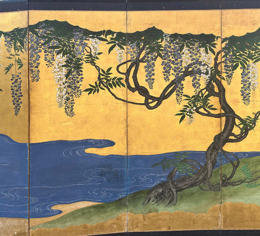 独角鹿西洋古董18世纪日本江户时代出品「金影藤辉」主题金地纸本设色六曲屏风 商品图2