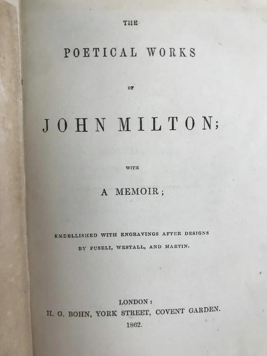 1862年 弥尔顿诗集 约翰马丁等名家7幅版画插图 漆布精装32开 商品图2