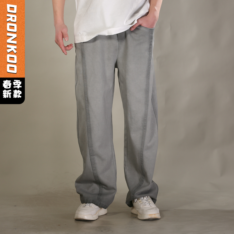 DRONKOO 2026 抽绳松紧前斜裁毛边喷色做旧中厚卫裤长裤