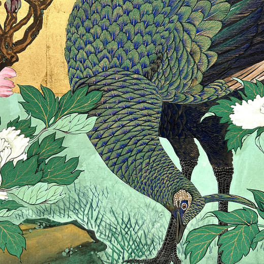 独角鹿西洋古董18世纪日本江户时代出品「雀羽呈祥」主题金地纸本设色六曲屏风 商品图9