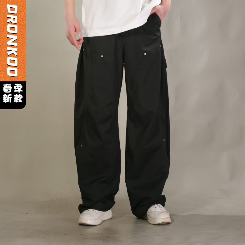 DRONKOO 2026 半松紧腰前伐木裤切线钉扣两侧捏褶轻工装中厚工装长裤