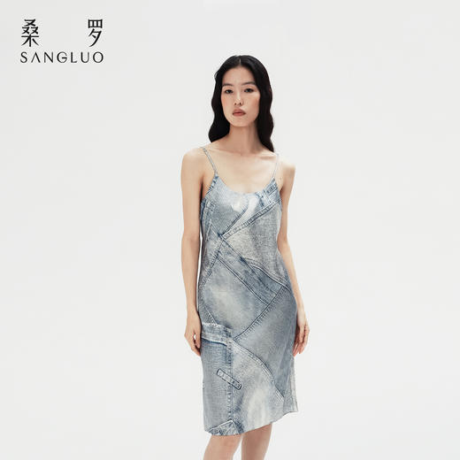 颠覆丹宁』桑罗免穿文胸吊带裙桑蚕丝复古牛仔印花女睡裙 商品图4