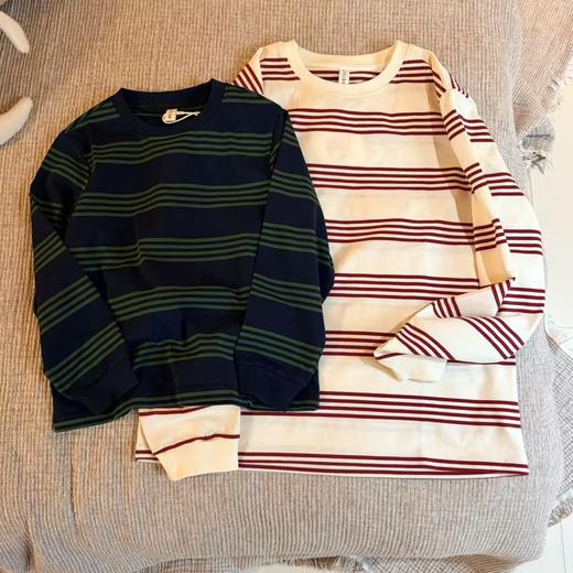 2026春秋季新款！儿童中性复古条纹圆领纯棉宽松长袖上衣T 两色入！ 商品图0