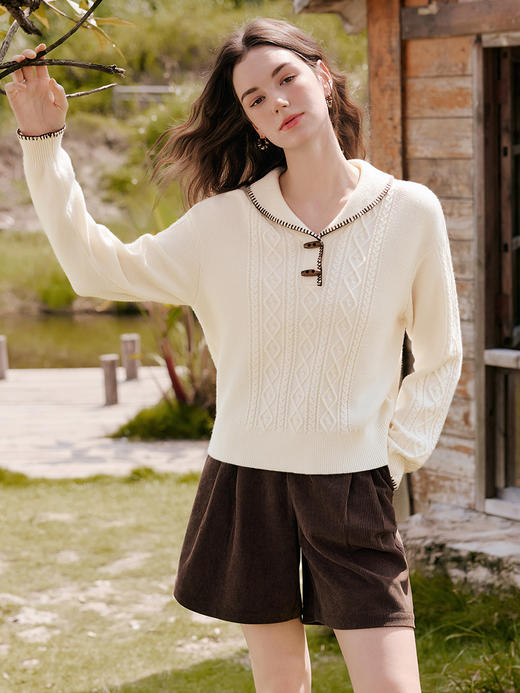 【百图lulu定制】【牛角扣针织衫】百图 撞色锁边   翻领牛角扣毛衣 商品图4