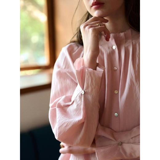 （小眠专属）SimpleRetro蔷薇梦境·法式天丝亚麻立领粉色衬衫 商品图2