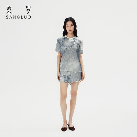 颠覆丹宁』桑罗牛仔复古印花桑蚕丝短袖短裤套装女2026年新款 商品图1