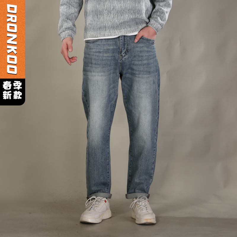 DRONKOO 2026 正常腰左袋右后袋蓝绿棕绣线字母薄牛仔长裤