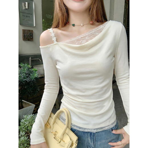 <曾小咸推荐>斜肩拼接蕾丝t恤女长袖上衣 商品图1