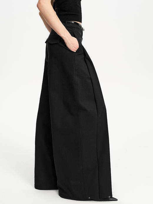 TR她热 绝对气场 黑色压褶分割按扣通勤百搭显瘦休闲西装阔腿长裤 商品图0