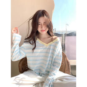 <曾小咸推荐>宽松防晒长袖t恤条纹上衣【预售3-15天发货】