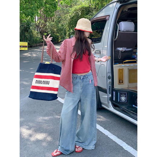 <曾小咸推荐>慵懒风红格子宽松防晒衬衫 商品图2