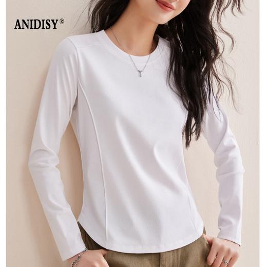 时尚圆领长袖鱼骨分割圆弧下摆T恤 商品图2