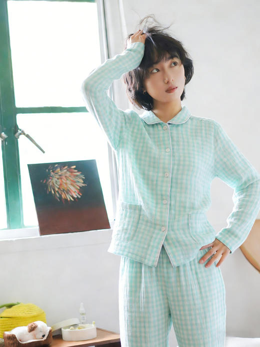 官网340+ MJ日系无印糖果色水洗双层纱情侣款睡衣裤无侧缝棉质长袖长裤家居服男士 商品图5