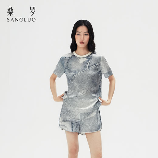 颠覆丹宁』桑罗牛仔复古印花桑蚕丝短袖短裤套装女2026年新款 商品图4