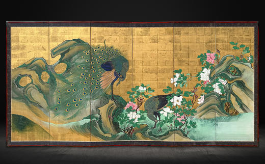 独角鹿西洋古董18世纪日本江户时代出品「雀羽呈祥」主题金地纸本设色六曲屏风 商品图1