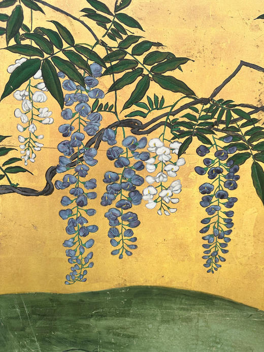 独角鹿西洋古董18世纪日本江户时代出品「金影藤辉」主题金地纸本设色六曲屏风 商品图9