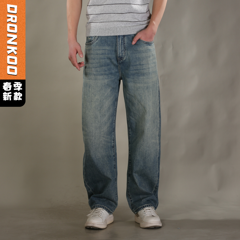 DRONKOO 2026 半松紧腰右侧棕标表袋吊烂复古洗水中厚牛仔长裤