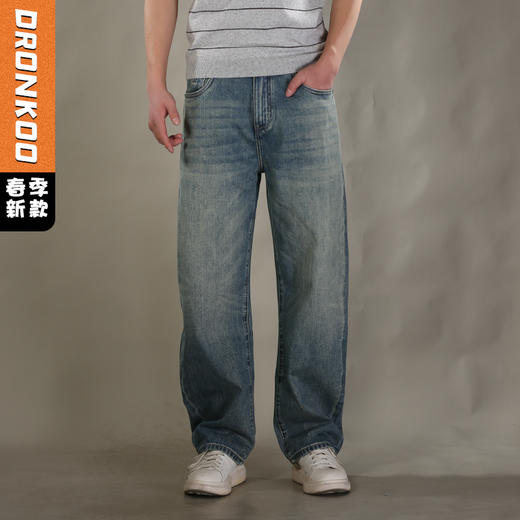 DRONKOO 2026 半松紧腰右侧棕标表袋吊烂复古洗水中厚牛仔长裤 商品图0