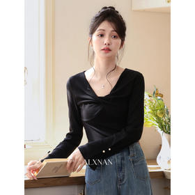 现货 鹿向南「巴黎晚报」设计感棕色长袖T恤女秋新款法式显瘦上衣