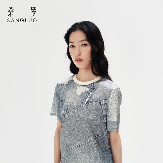 颠覆丹宁』桑罗牛仔复古印花桑蚕丝短袖短裤套装女2026年新款 商品图2