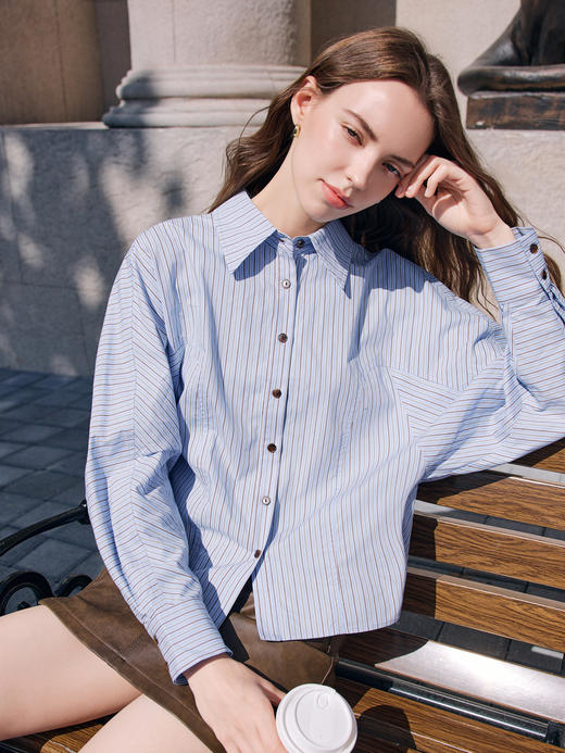 【百图lulu定制】【松弛感条纹衬衫】全棉  清爽 蓝色 条纹 腔调 蝙蝠衫 长袖衬衫 商品图5