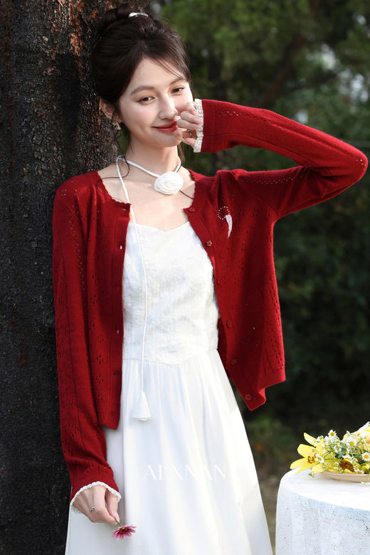 鹿向南「柔纱织锦」红色长袖法式毛针织衫春季新款毛衣开衫上衣女 商品图5