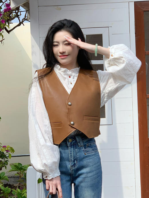 【百图lulu定制】【建模马甲】V领 珍珠扣 百搭 PU皮马甲 商品图0