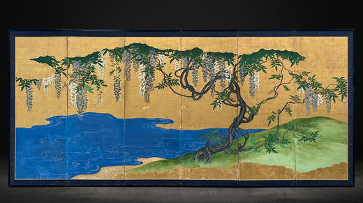 独角鹿西洋古董18世纪日本江户时代出品「金影藤辉」主题金地纸本设色六曲屏风 商品图1