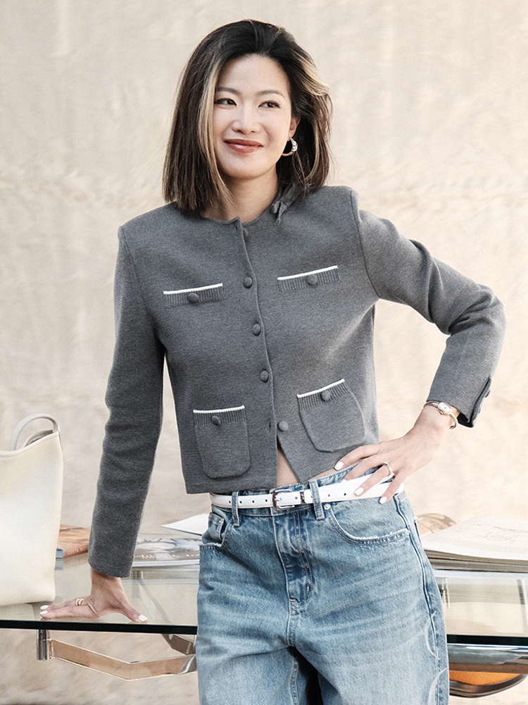 TR她热 巴黎香榭 灰色羊毛针织小香风蝴蝶结复古正肩短款开衫外套