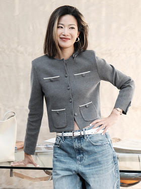 TR她热 巴黎香榭 灰色羊毛针织小香风蝴蝶结复古正肩短款开衫外套