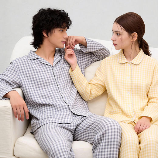 官网340+ MJ日系无印糖果色水洗双层纱情侣款睡衣裤无侧缝棉质长袖长裤家居服男士 商品图0