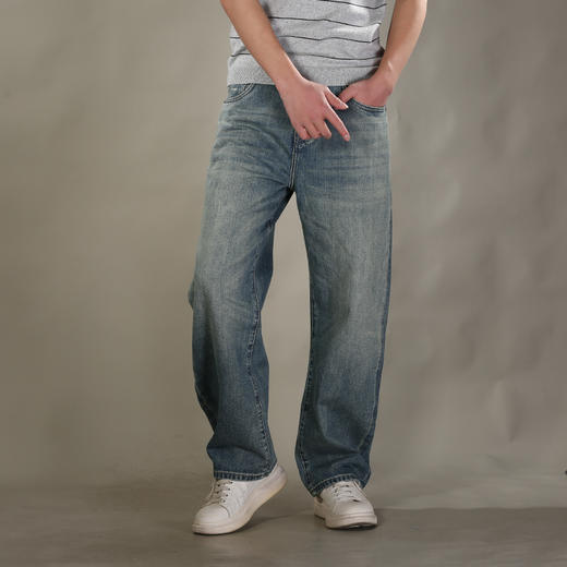 DRONKOO 2026 半松紧腰右侧棕标表袋吊烂复古洗水中厚牛仔长裤 商品图1