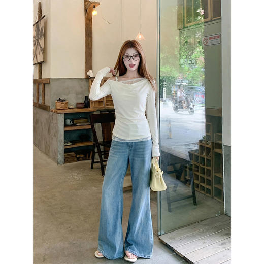 <曾小咸推荐>斜肩拼接蕾丝t恤女长袖上衣 商品图4