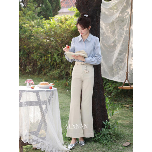 鹿向南「晨间柔雾」青瓷绿高腰微喇牛仔裤女春季显瘦气质直筒长裤 商品图1