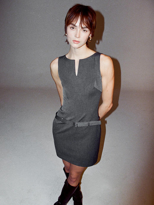 TR她热 摩登态度 灰色弹力腰带复古显瘦修身通勤西装连衣裙短裙 商品图2