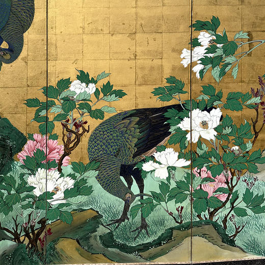 独角鹿西洋古董18世纪日本江户时代出品「雀羽呈祥」主题金地纸本设色六曲屏风 商品图2