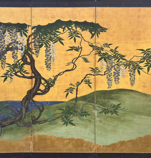 独角鹿西洋古董18世纪日本江户时代出品「金影藤辉」主题金地纸本设色六曲屏风 商品图3