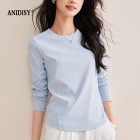 时尚圆领长袖鱼骨分割圆弧下摆T恤